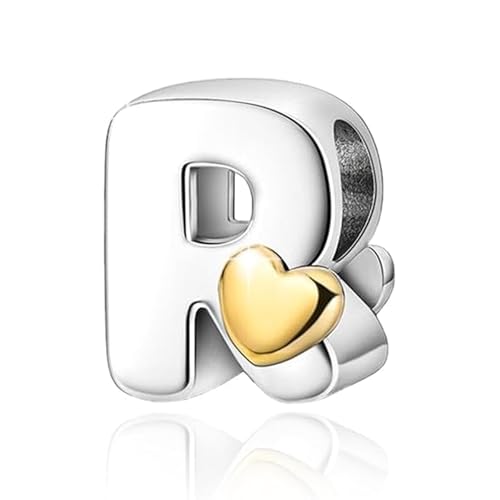 Two-Tone Gold Heart S925 Silver Letter Charm Fits Pandora Bracelet Necklace | Initial Bead Two-Tone Gold Heart, DIY European Bracelet Accessory, Gift for Ladies Birthday Anniversary Valentine - style: R