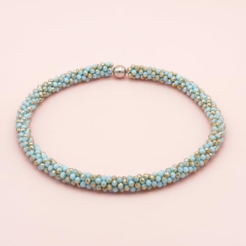 Hand Knotted Beads Statement Necklace Bracelet Jewelry Set Artificial Crystal Choker for Women- Handmade Beaded Strand Sparkly Faceted Crystal Rondelle-17inches, 30 Colors - color: Light Blue-Golden Set