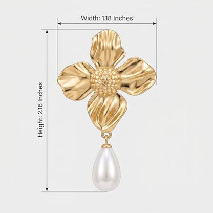Chunky Gold Plated Flower Statement Drop Earrings for Women | Hypoallergenic 18K Gold Plated Textured Petal Wing, Large Statement Dangle Earrings for Wedding Party - color: Four Petals Pearl