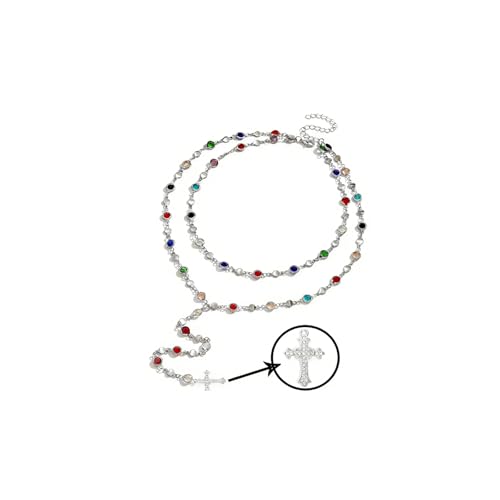 Colorful Crystal Long Necklace for Women Dainty Boho Y-Shaped Color Bead Necklaces Sparkly Rhinestone Pendant Layered Gold Long Chain Choker Good Luck Trend Jewelry Gift Jewelry - color: Cross+Double Silver