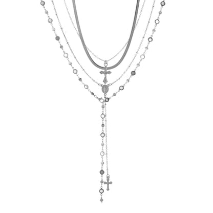 KURTCB Rhinestone Necklace for Women Boho Long Y Lariat Gold Necklace Stack Colorful Summer Beach Jewelry - color: Silver Cross Stone