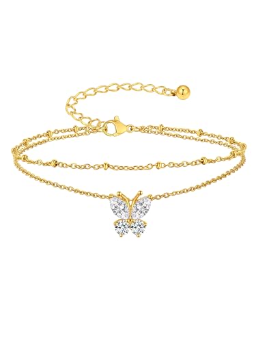 Suplight Gold Plated Butterfly Anklets for Women Waterproof, Layered Boho Ankle Bracelet with Birthstone, Stainless Steel Adjustable Non-Tarnish Heart Foot Jewelry Beach Vacation - color: 04. Butterfly-Apr. Clear Quartz