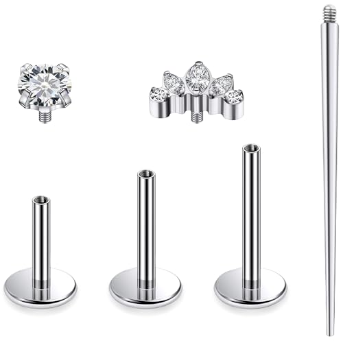 Titanium Flat Back Lip Rings Internally Threaded Earrings Studs Nose Rings 16G Opal CZ Tragus Cartilage Lobe Rook Helix Conch Labret Medusa Piercing Jewelry for Women Men W Piercing Taper Set - style: Five CZ