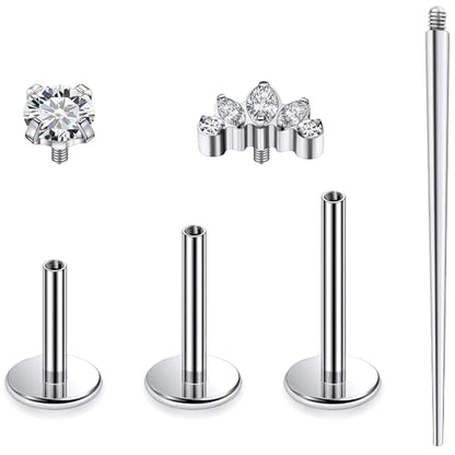 Titanium Flat Back Lip Rings Internally Threaded Earrings Studs Nose Rings 16G Opal CZ Tragus Cartilage Lobe Rook Helix Conch Labret Medusa Piercing Jewelry for Women Men W Piercing Taper Set - style: Five CZ