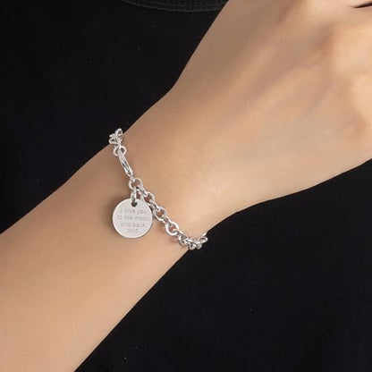 Dankadi Women 925 Sterling Silver Round Cable Wire Link Bracelet Charm Heart-Bell-Square-Circle Pendant Chain Bangle Fine Jewelry Gift For Wife Her - color: 6MM Silver Round Pendant, size: 9 in
