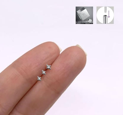 20G/18G/16G Titanium Flat Back Earrings, Threadless Nose Stud Tiny Stud Earrings, Cartilage Tragus Piercing Jewelry Conch Helix Stud - color: CZ Star (silver 3pcs), size: 16ga(1.2mm)