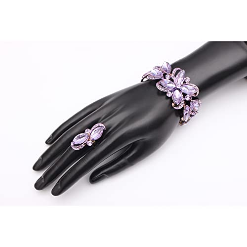 Jewelry Set for Women Rhinestone Austrian Crystal Statement Flower Necklace Link Bangle Bracelet Dangle Earrings Rings Allergy Free Wedding Party Jewelry Set for Bridal Bridesmaid - color: Violet-Gold Plated