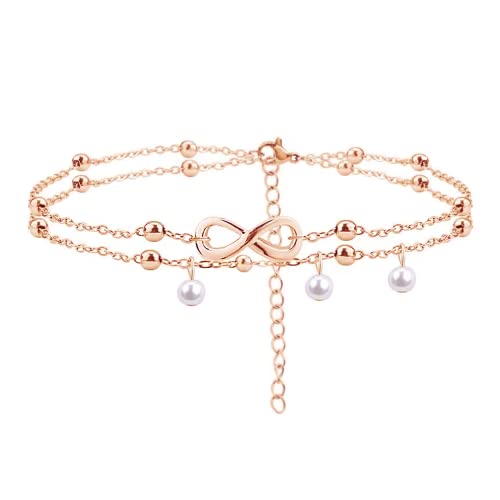 Jean Beau Infinity Beach Anklet bracelet for Women Teen Boho Waterproof Double Layered Dainty Beads Chain Charm Ankle Pearl dangling foot Jewelry Gift - color: Rose Gold
