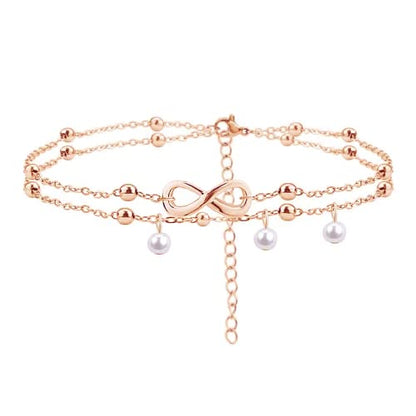 Jean Beau Infinity Beach Anklet bracelet for Women Teen Boho Waterproof Double Layered Dainty Beads Chain Charm Ankle Pearl dangling foot Jewelry Gift - color: Rose Gold