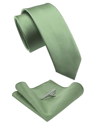JEMYGINS 2.4" Solid Color Skinny Tie and Pocket Square with Tie Clip Sets for Men (6cm) - color: Sage Green2