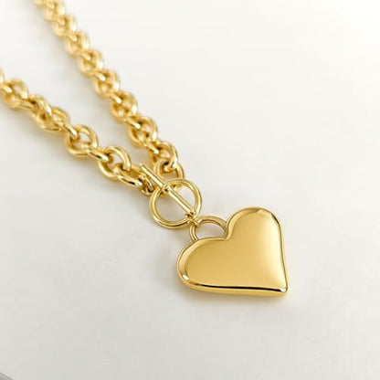Zeffy 14K Gold/Silver Plated Chunky Thick Chain Toggle Clasp Necklace Dainty Baroque Pearl/Heart/Cross/Turquoise Pendant Necklace - color: Gold Big Heart Necklace