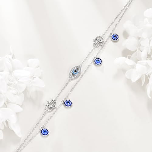 925 Sterling Silver Cat Butterfly Anklets Double Layered Chain for Birthday Women Ankle Bracelet Summer Beach Dainty Jewelry - style: Evil Eye