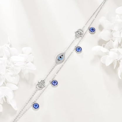 925 Sterling Silver Cat Butterfly Anklets Double Layered Chain for Birthday Women Ankle Bracelet Summer Beach Dainty Jewelry - style: Evil Eye