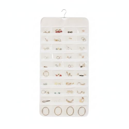 Hanging Jewelry Organizer, Vertical Closet Storage with Clear Pockets for Necklaces and Earrings, Polyester Roll-Up Bag (1 PC) - color: White