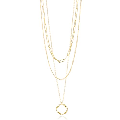 Gmai Layered Necklaces for Women Gold Plated 3/4/5 Piece Adjustable Stackable Necklace Set with Pearl Cross Coin Pendant Dainty Gold Silver Choker Chain Jewelry Gift for Her - style: Circular paperclip pendant