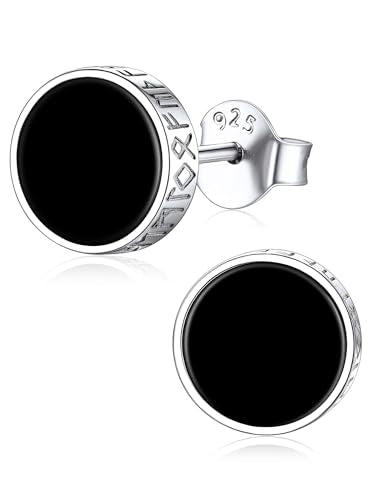 ChicSilver 925 Sterling Silver Viking Rune Natural Black Onyx Stud Earrings For Women Men - style: A: Side Runes-Silver