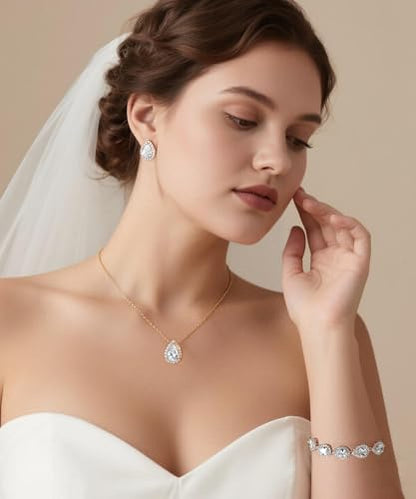 Teardrop Cubic Zirconia Jewelry Set for Women Wedding Prom Bridesmaid Gift | Sparkle Necklace Earrings Bracelet, Bride Formal Party Jewelry - color: Rose Gold