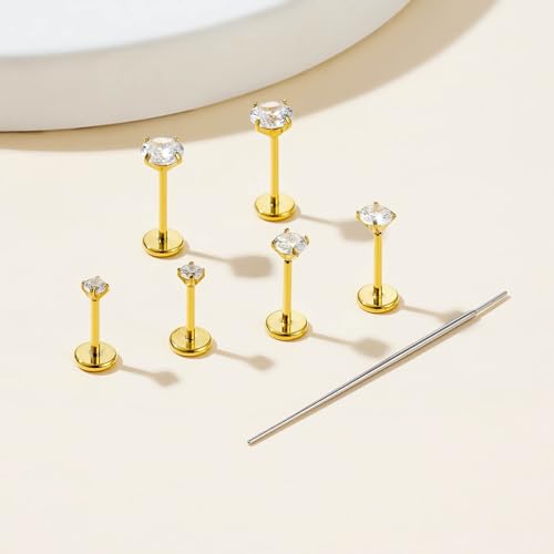 Gotumo 20G Flat Back Earrings Stud G23 Titanium Threadless Tragus Labret Cartilage Lip Medusa Conch Body Piercing Jewelry Hypoallergenic for Women Men - color: Gold 18G Bar-6/7/8mm&CZ-2/3/4mm