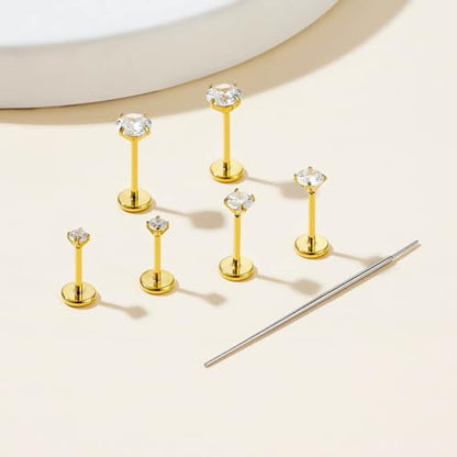 Gotumo 20G Flat Back Earrings Stud G23 Titanium Threadless Tragus Labret Cartilage Lip Medusa Conch Body Piercing Jewelry Hypoallergenic for Women Men - color: Gold 16G Bar-6/7/8mm&CZ-2/3/4mm