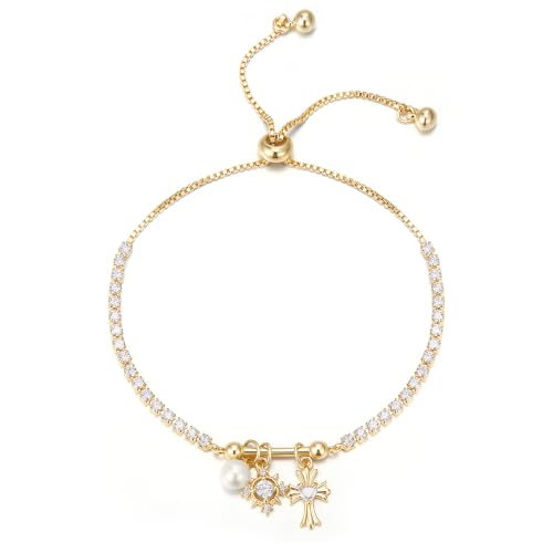 FANZE Gold Plated Cubic Zirconia Tennis Bracelets for Women Dainty Trendy Adjustable Bracelet Jewelry Gift for Ladies Wedding Mother Birthday Anniversary - style: Gold Charm