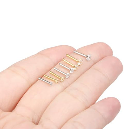 8Pcs Nose Rings Studs 14K Gold Filled Surgical Steel L-Shape Nose Rings for Women 1.5/2mm/2.5mm/3mm Cubic Zirconia Nostril Screw Studs Hypoallergenic Nostril Piercings 20g 18g - color: 8pcs,18g,mix color,straight