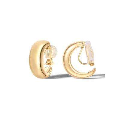 FAN&LOUIS Gold Silver Clip On Hoop Earrings,14K Gold Plated Chunky Gold Small Huggie Hoops Clip-On Earrings for Women│Small Wide Round Hoop Clip On Earrings - style: Gold
