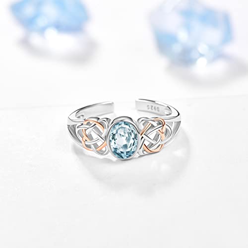 PRAYMOS 925 Sterling Silver Ring Birthstone Ring Turquoise Moss White Opal Ring for Women Celtic Knot Open Adjustable Thrumb Ring - color: Blue Aquamarine