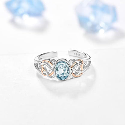 PRAYMOS 925 Sterling Silver Ring Birthstone Ring Turquoise Moss White Opal Ring for Women Celtic Knot Open Adjustable Thrumb Ring - color: Blue Aquamarine