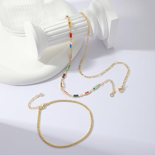 Rotnso Anklets for Women 14K Gold Silver Plated Ankle Bracelets Trendy Waterproof Boho Anklets Set Adjustable Dainty Cute Diamond Beaded Heart Non Tarnish Summer Beach Jewelry Gift - style: 3Pcs Cuban&Baguette&Figaro-GD