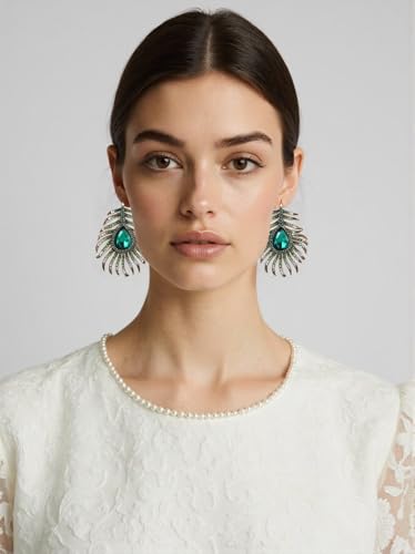 Frogwill Womens Crystal Hook Earrings Sparkling Rhinestone Peacock Feather Dangle Earrings - color: Green