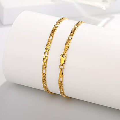BRIJEWNES Figaro Chain Bracelet for Men & Women 3mm 18K Gold Plated Chain Bracelet 6.5-9 Inches, 925 Sterling Silver Clasp Durable, Unisex Jewelry Gift for Him or Her - style: Length:8.5 Inches
