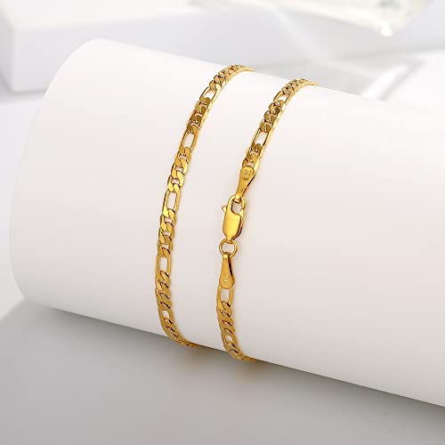 BRIJEWNES Figaro Chain Bracelet for Men & Women 3mm 18K Gold Plated Chain Bracelet 6.5-9 Inches, 925 Sterling Silver Clasp Durable, Unisex Jewelry Gift for Him or Her - style: Length:7 Inches
