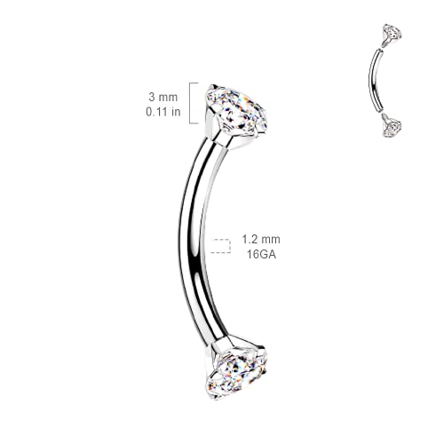 Pierced Owl - 16GA G23 Implant Grade Titanium Internally Threaded Prong Set CZ Crystal Ends Cartilage Helix Daith Rook Eyebrow Curved Barbell - color: Black / Clear