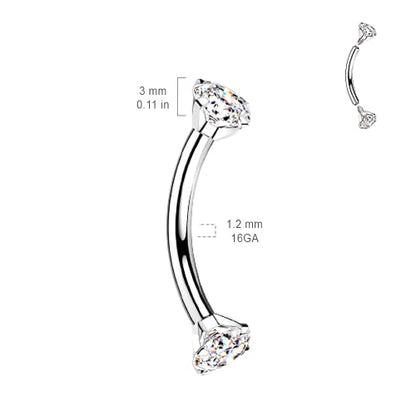 Pierced Owl - 16GA G23 Implant Grade Titanium Internally Threaded Prong Set CZ Crystal Ends Cartilage Helix Daith Rook Eyebrow Curved Barbell - color: Black / Clear