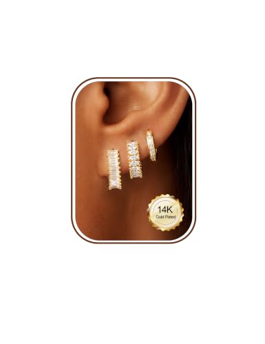 Cubic Zirconia Silver Earrings Stack Small Gold Hoop Earrings Set | Hypoallergenic 925 Silver Post, 14K Gold Plated, Non Tarnish, Earring Sets for Multiple Piercing, Huggie Earrings for women - color: Gold