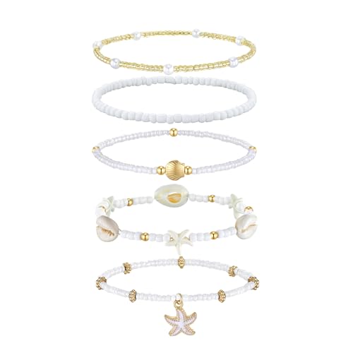 Cicy Bell Boho Ankle Bracelets Set for Women Beach Jewelry Bead Anklets | Hawaiian Shell Starfish Charm,Adjustable,Waterproof Non Tarnish,Summer Vacation Foot Jewelry - color: Gold