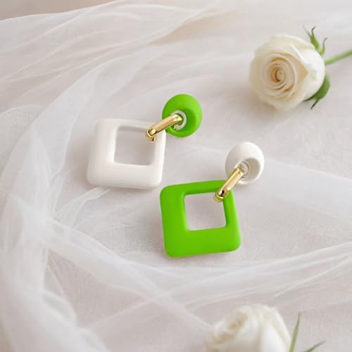 70s 80s Vintage Resin Neon Square Dangle Drop Earrings Simplicity Acrylic Hollow Round Circle Geometry Stud Earrings for Women - style: White Green