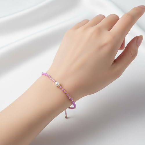 Boho Colorful Glass Gold Plated Seed Beaded Bracelets or Women, Handmade Romantic Freshwater Pearl Adjustable String Braided Rope Jewelry, Summer Beach Daily Party Friendship Gift - color: Purple