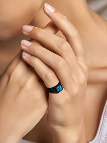 KeyStyle Square Gemstone Signet Rings for Men, Personalized Stainless Steel Pinky Ring with Black Onxy Blue Topaz Birthstone Statement Ring - color: Black - Blue Topaz - 8mm