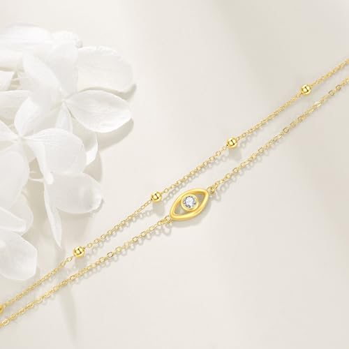 POPLYKE 925 Sterling Silver Double Layered Chain Evil Eye Daisy Sunflower Butterfly Anklets for Women Holiday Beach Crystal Ankle Bracelet Dainty Evil Eye Jewelry - style: Gold plated Evil Eye Anklet