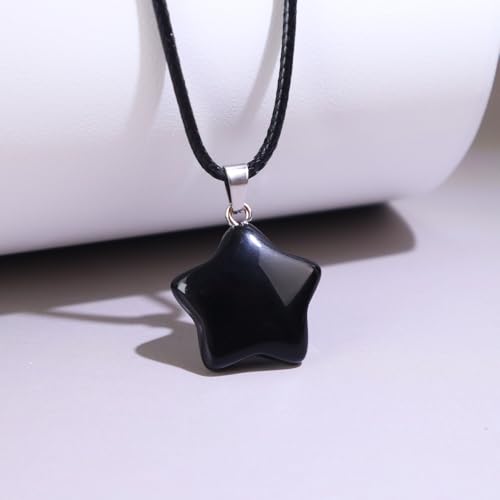 Natural Gemstone Simple Star Choker Necklace for Women, Minimalist Star Pendant Necklaces Adjustable Wax Chain - color: Black Obsidian
