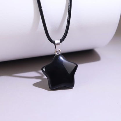 Natural Gemstone Simple Star Choker Necklace for Women, Minimalist Star Pendant Necklaces Adjustable Wax Chain - color: Black Obsidian