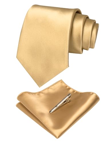 JEMYGINS Mens Solid Color Formal Necktie and Pocket Square, Tie Clip Sets - color: Champagne Gold
