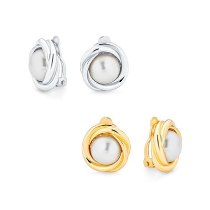 Bling Jewelry Classic Faux White Pearl Clip On Earrings For Women Cable Bezel Set Non Pierced Ears Yellow Gold Rhodium Plated (Set of 2)