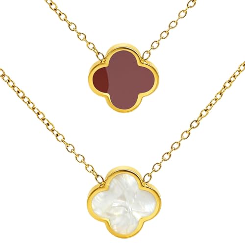 Four Leaf Clover Necklace 18K Gold Plated Necklaces for Women Lucky Flower Pendant Adjustable Link Chain Stainless Steel Dainty Trendy Simple Jewelry Gifts for Women - color: 1G-Single Red+White