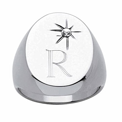 PalmBeach Men's Black Ruthenium Plated Cubic Zirconia Oval Engraved Initial Signet Ring Sizes 7-16 Size 15