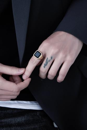 VQYSKO 14K Gold Plated Square Signet Ring | Stainless Steel Band for Men - color: Gold+Black