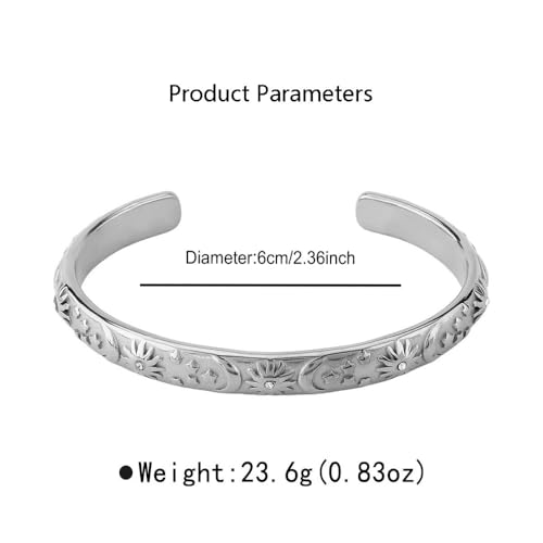 Embossed Moon Star Sun Bangle Cuff Bracelet for Women Fashion CZ Insected Celestial Open Adjustable Statement Bracelets Lightweight Boho Wrist Wrap Dress Accessories Jewelry Gift - color: Silver