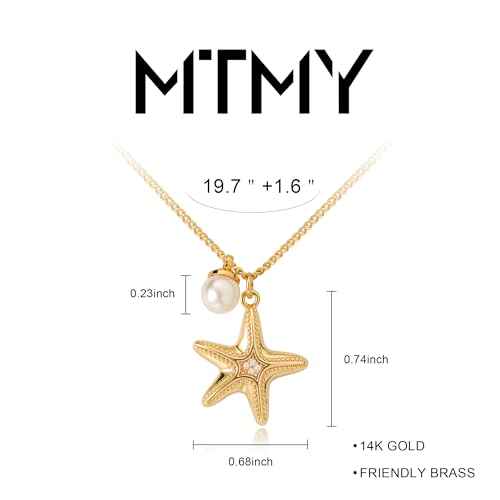 MTMY Gold Starfish Necklace 14K Gold Plated Shell Conch Ocean Pendant Necklace for Women Beach Summer Jewelry - style: starfish pearl