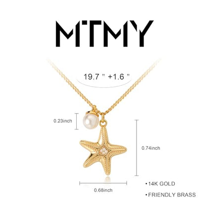 MTMY Gold Starfish Necklace 14K Gold Plated Shell Conch Ocean Pendant Necklace for Women Beach Summer Jewelry - style: starfish pearl